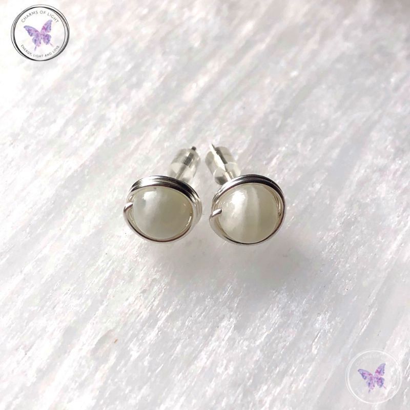 Moonstone Silver Wire Wrap Stud Earrings